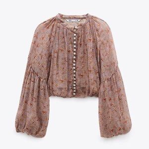 Zara Desenli Bohemian Retro Paisley Batwing Balloon Long Sleeve Crop Top NEW XS